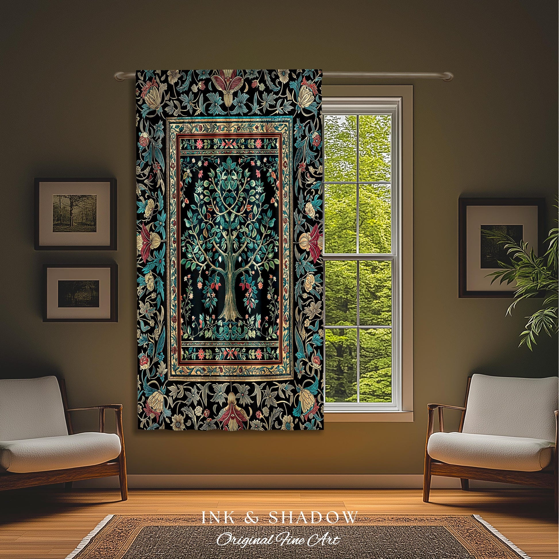 Mystic Ornamental Morris Inspired Tree Curtain | Cool Tones Botanical Design Fairytale Floral Drapes Romantic Aesthetic Rococo Cottagecore |