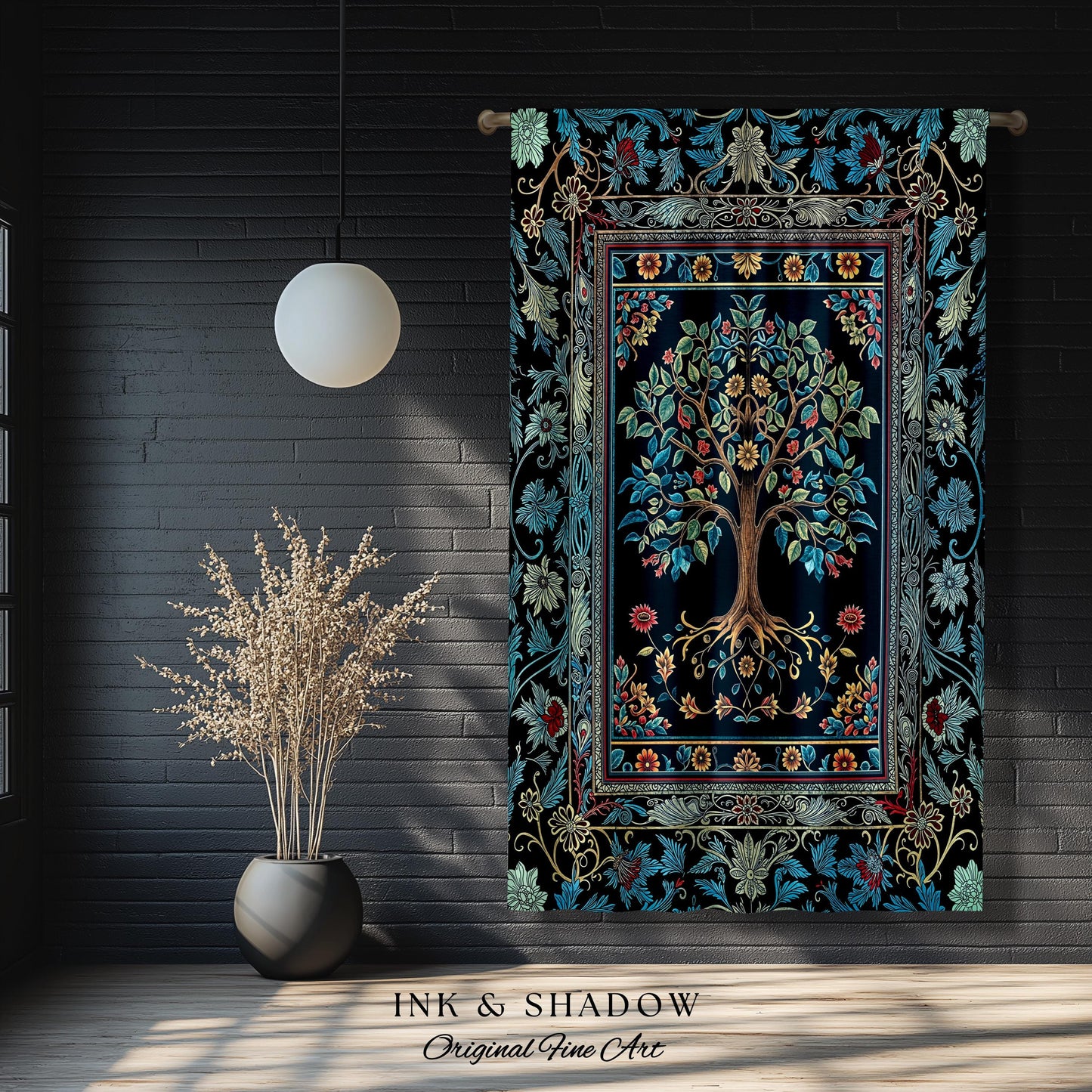 Moody Gothic Blues Tree of Life Curtain | Mystical Garden Theme Vintage Floral Decor Romantic Folk Art Forestcore Maximalist Bedroom Drapes
