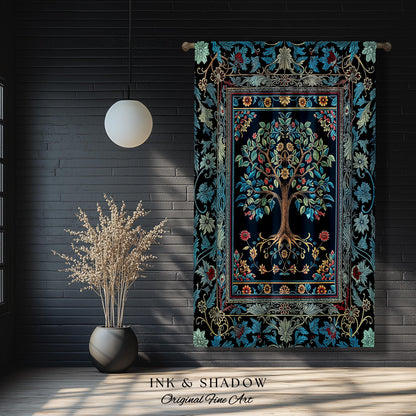 Moody Gothic Blues Tree of Life Curtain | Mystical Garden Theme Vintage Floral Decor Romantic Folk Art Forestcore Maximalist Bedroom Drapes