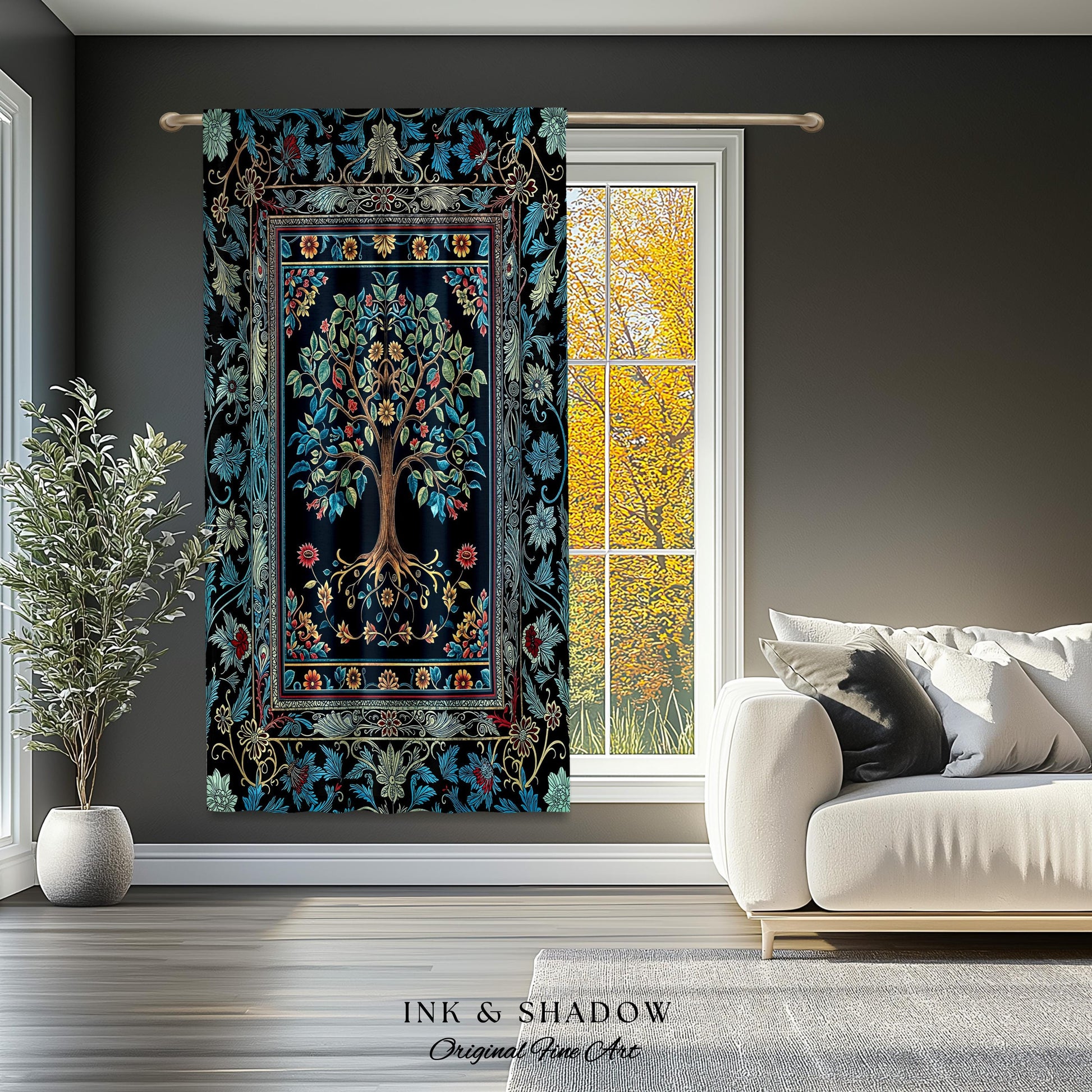Moody Gothic Blues Tree of Life Curtain | Mystical Garden Theme Vintage Floral Decor Romantic Folk Art Forestcore Maximalist Bedroom Drapes
