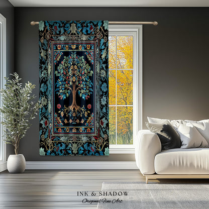 Moody Gothic Blues Tree of Life Curtain | Mystical Garden Theme Vintage Floral Decor Romantic Folk Art Forestcore Maximalist Bedroom Drapes