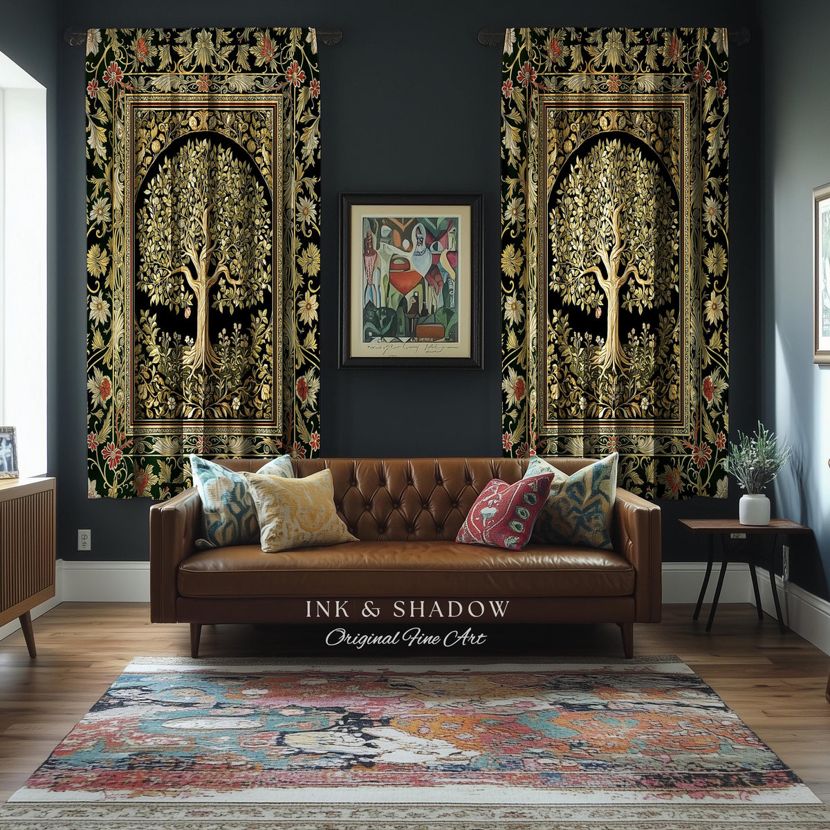 Tree of Life Fairytale Inspired Drapes | Celestial Folk Art Decor Cottagecore Folklore Style Curtains Housewarming Gift Cozy Bedroom Accent