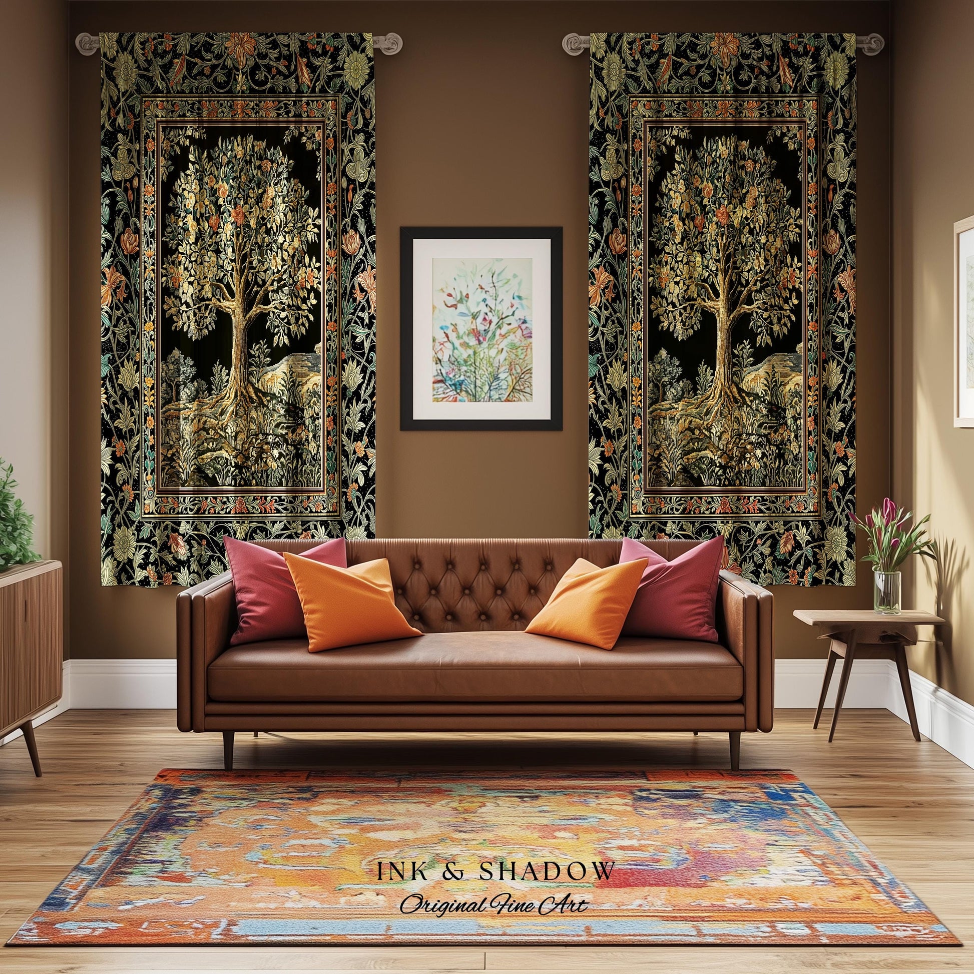 Regal Woodland Tree Curtains | Floral Heritage Decor Drapes Parisian Style Gothic Cottagecore Aesthetic Traditional Room Accent Chateaucore