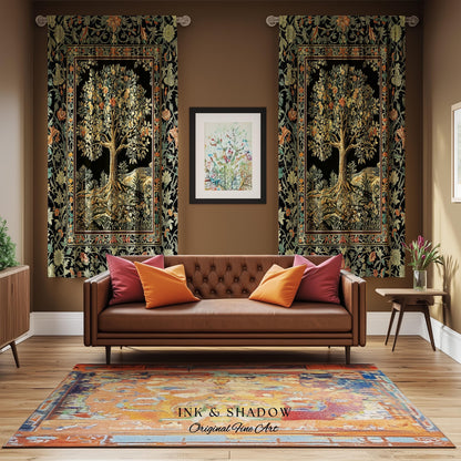 Regal Woodland Tree Curtains | Floral Heritage Decor Drapes Parisian Style Gothic Cottagecore Aesthetic Traditional Room Accent Chateaucore