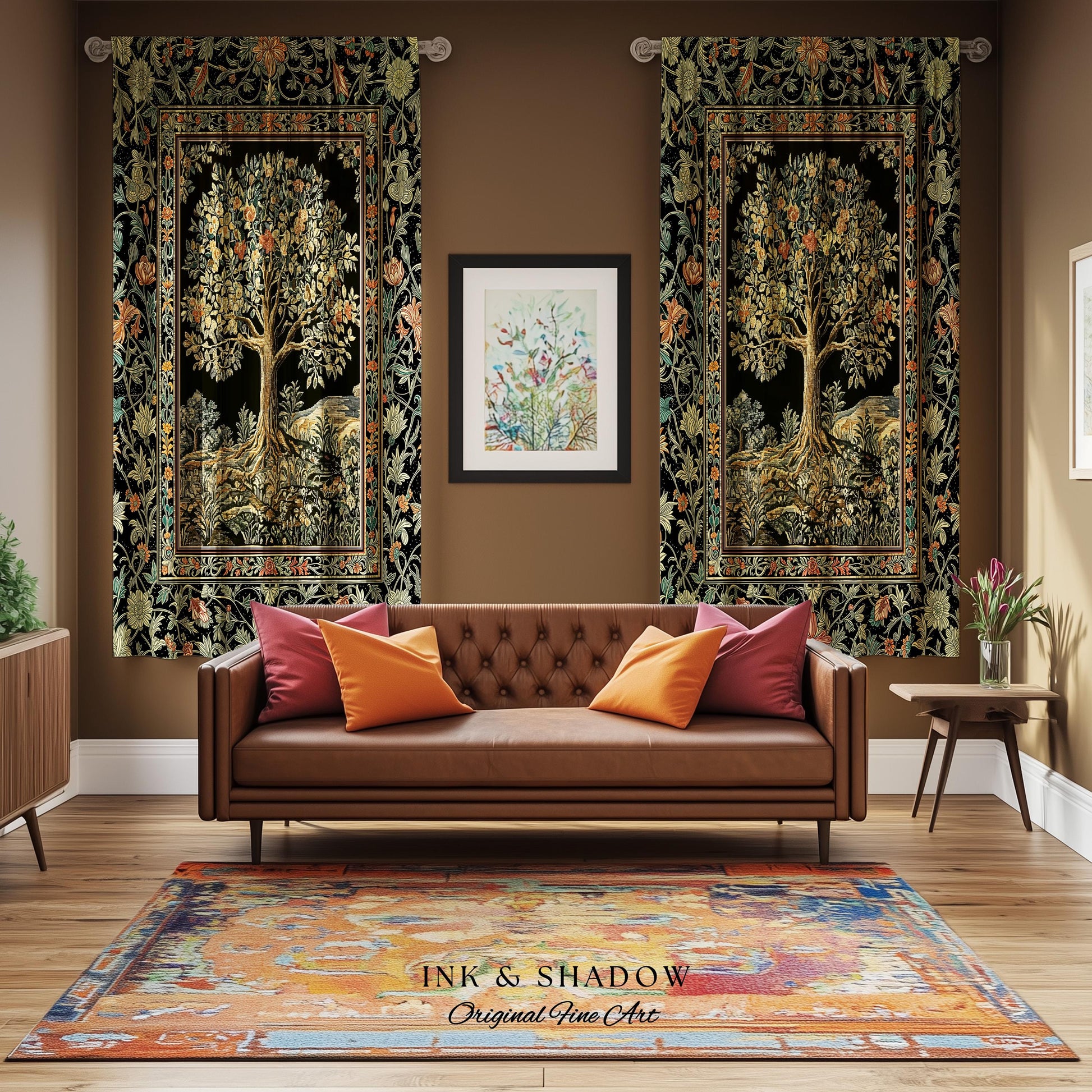 Regal Woodland Tree Curtains | Floral Heritage Decor Drapes Parisian Style Gothic Cottagecore Aesthetic Traditional Room Accent Chateaucore