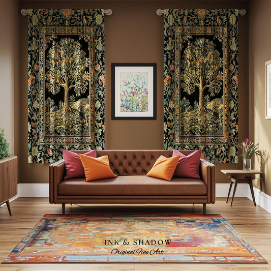 Regal Woodland Tree Curtains | Floral Heritage Decor Drapes Parisian Style Gothic Cottagecore Aesthetic Traditional Room Accent Chateaucore
