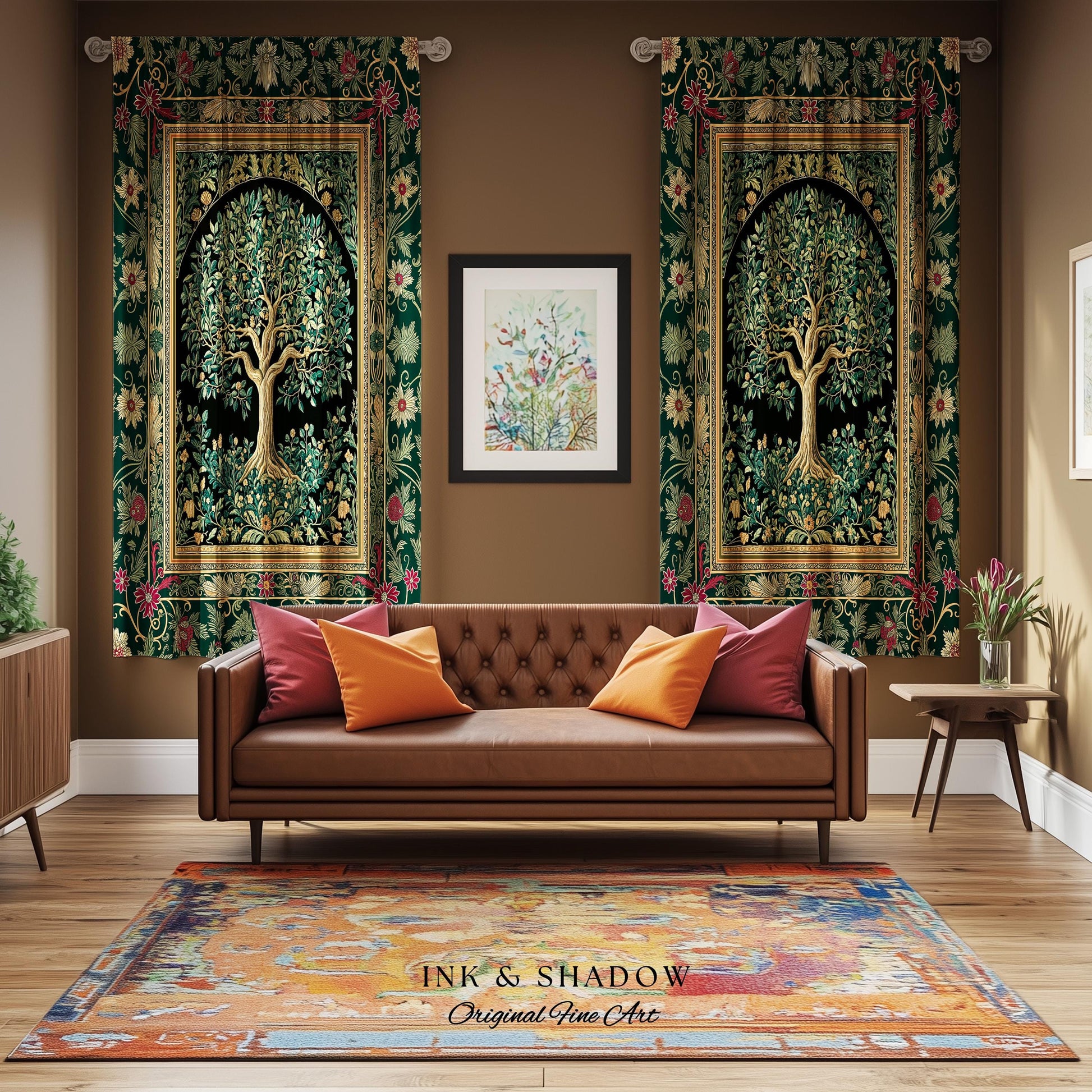 Forest Green Heritage Tree Curtain | Lush Botanical Tapestry Style Emerald Floral Drapes Vintage Cottagecore Maximalist Medieval Aesthetic