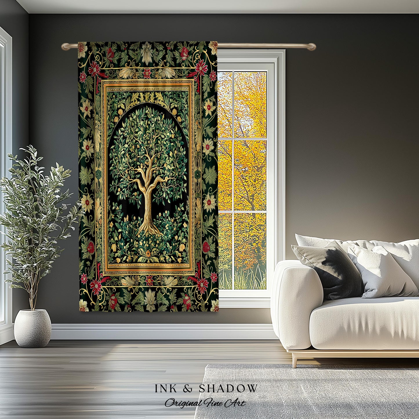 Forest Green Heritage Tree Curtain | Lush Botanical Tapestry Style Emerald Floral Drapes Vintage Cottagecore Maximalist Medieval Aesthetic