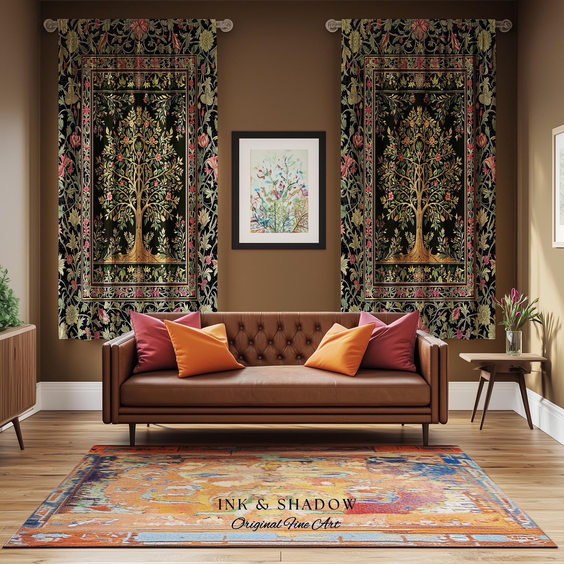 Art Nouveau Maximalist Tree Curtains | Ornate Botanical Drapes Tree of Life Motif Medieval Floral Pattern Romantic Style Morris Inspired |