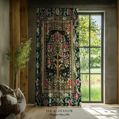 Rosy Botanical Rustic Tree Curtains | Woodland Cottagecore Folklore Aesthetic Romantic Decor Vintage Fairycore Bedroom Drapes Soft Aesthetic
