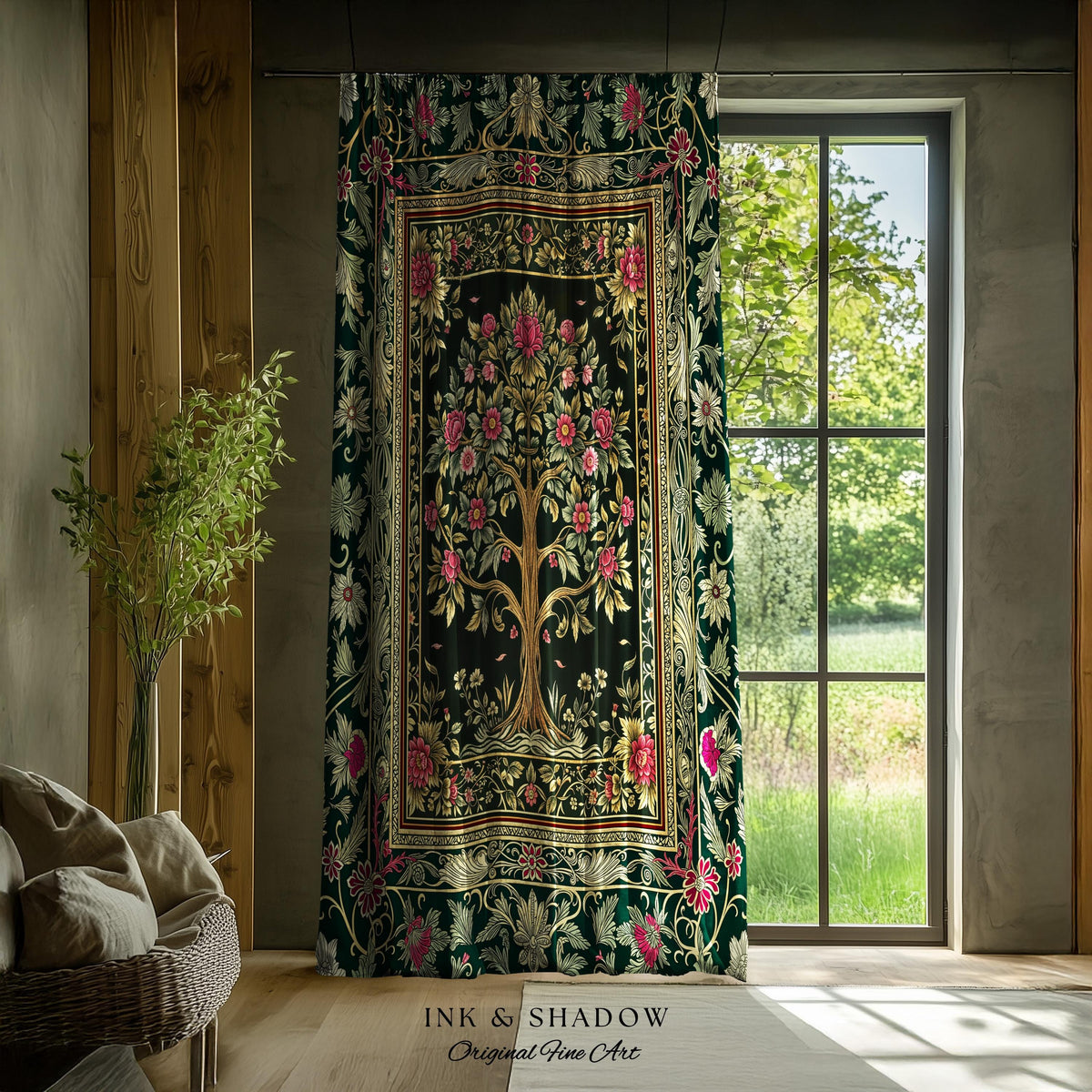Rosy Botanical Rustic Tree Curtains | Woodland Cottagecore Folklore Aesthetic Romantic Decor Vintage Fairycore Bedroom Drapes Soft Aesthetic