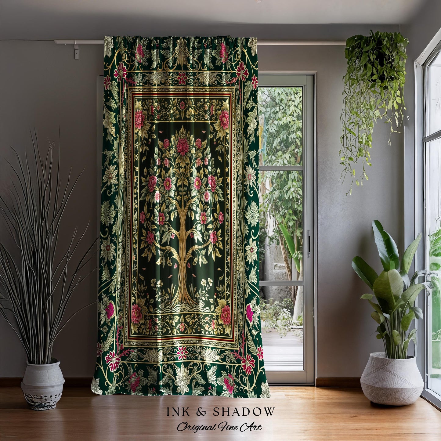 Rosy Botanical Rustic Tree Curtains | Woodland Cottagecore Folklore Aesthetic Romantic Decor Vintage Fairycore Bedroom Drapes Soft Aesthetic