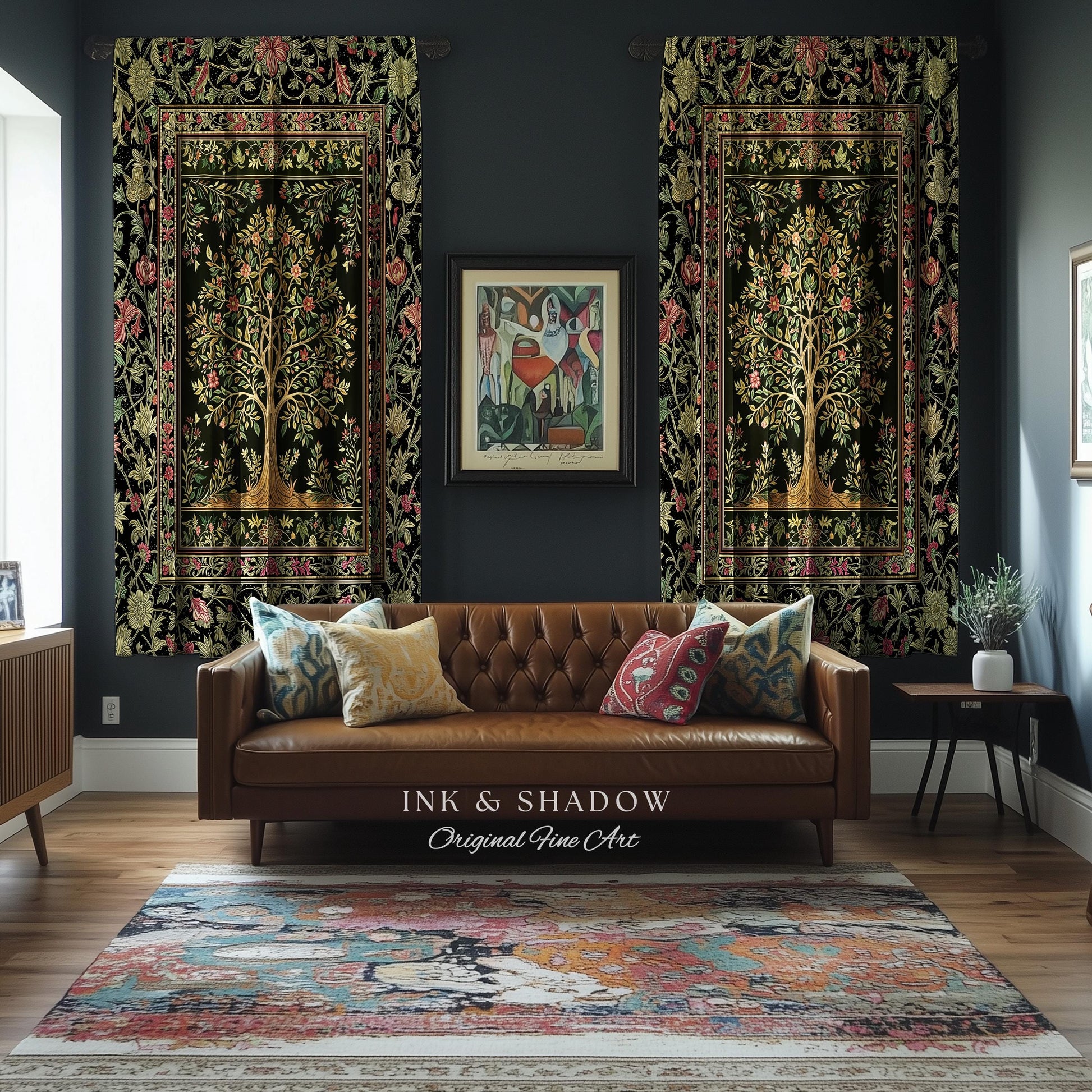 Art Nouveau Maximalist Tree Curtains | Ornate Botanical Drapes Tree of Life Motif Medieval Floral Pattern Romantic Style Morris Inspired |