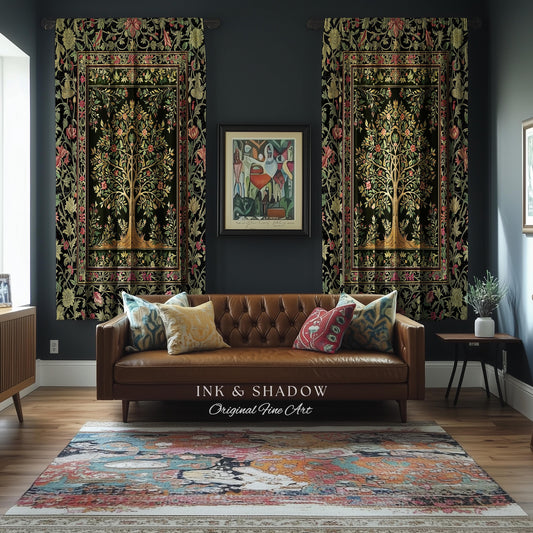 Art Nouveau Maximalist Tree Curtains | Ornate Botanical Drapes Tree of Life Motif Medieval Floral Pattern Romantic Style Morris Inspired |