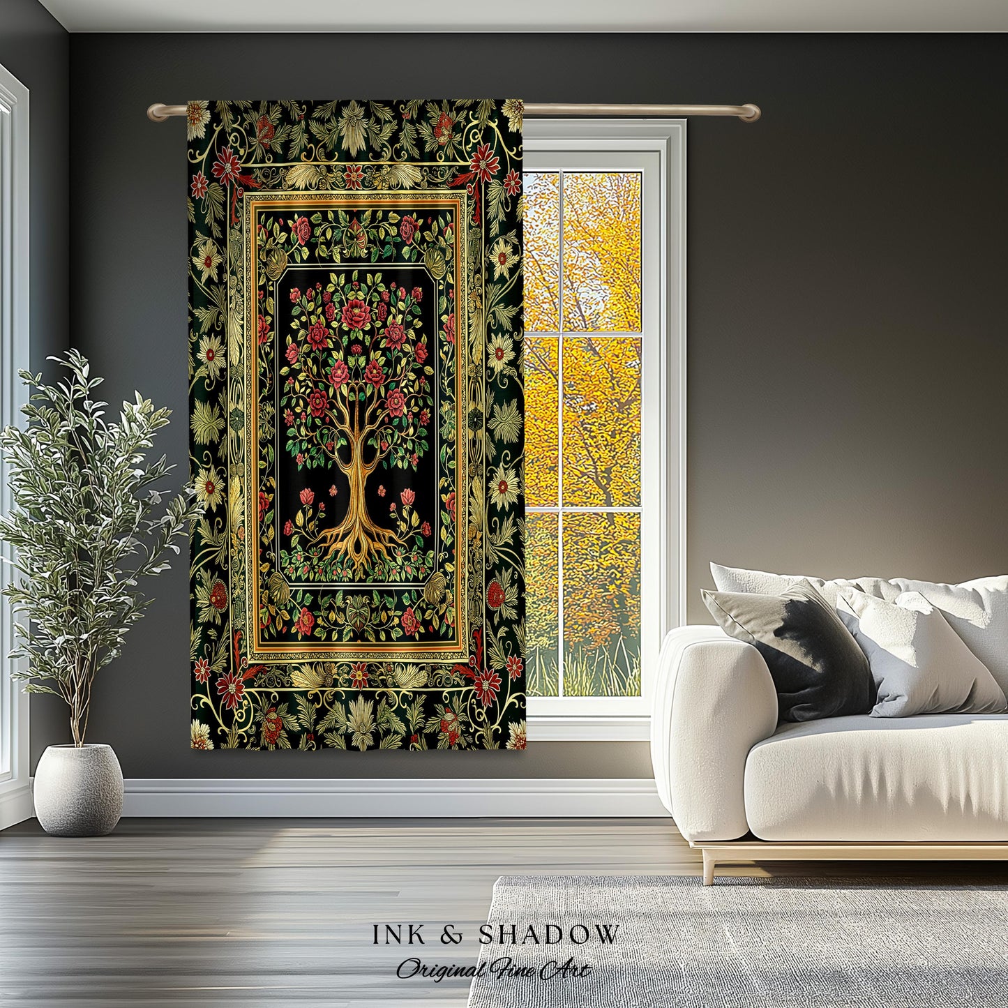 Floral Victorian Garden Tree Curtain | Baroque Floral Design Folk Art Inspired Medieval Botanical Decor Romantic Rococo Cottagecore Drapes |