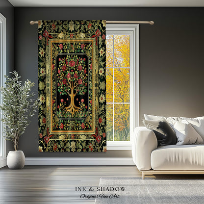 Floral Victorian Garden Tree Curtain | Baroque Floral Design Folk Art Inspired Medieval Botanical Decor Romantic Rococo Cottagecore Drapes |