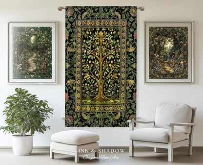 Golden Aesthetic Tree of Life Curtains | Emerald Botanical Decor Romantic Folklore Gothic Tapestry Style Vintage Floral Maximalist Drapes |