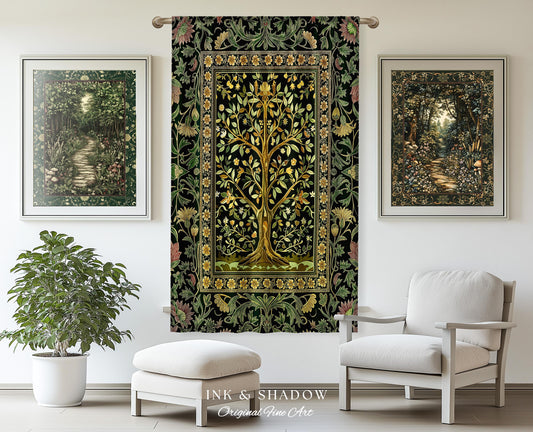 Golden Aesthetic Tree of Life Curtains | Emerald Botanical Decor Romantic Folklore Gothic Tapestry Style Vintage Floral Maximalist Drapes |