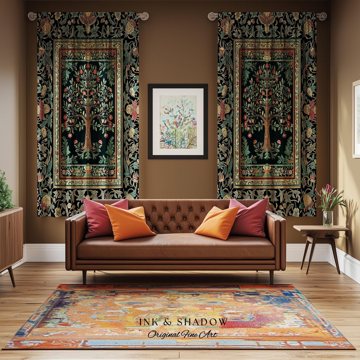 Medieval Folk Art Dark Floral Curtain | Ornate Tree of Life Morris Style Fairytale Folklore Cottagecore Botanical Drapes Decor Jewel Tones |