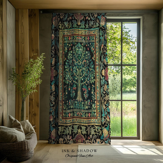 Mystic Ornamental Morris Inspired Tree Curtain | Cool Tones Botanical Design Fairytale Floral Drapes Romantic Aesthetic Rococo Cottagecore |