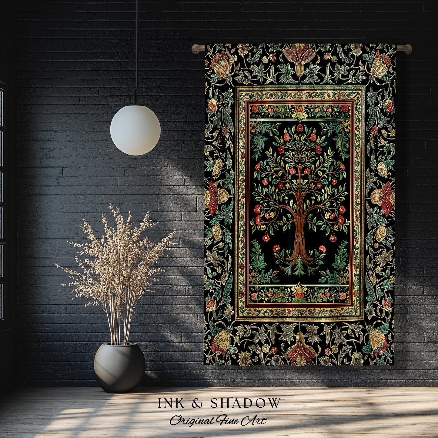 Medieval Folk Art Dark Floral Curtain | Ornate Tree of Life Morris Style Fairytale Folklore Cottagecore Botanical Drapes Decor Jewel Tones |