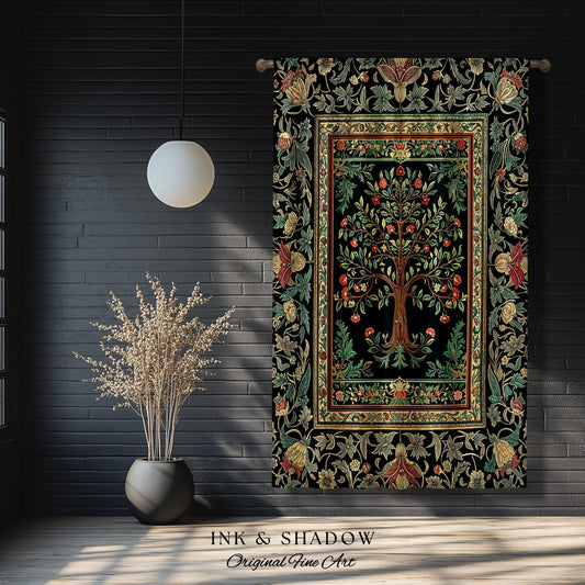 Medieval Folk Art Dark Floral Curtain | Ornate Tree of Life Morris Style Fairytale Folklore Cottagecore Botanical Drapes Decor Jewel Tones |