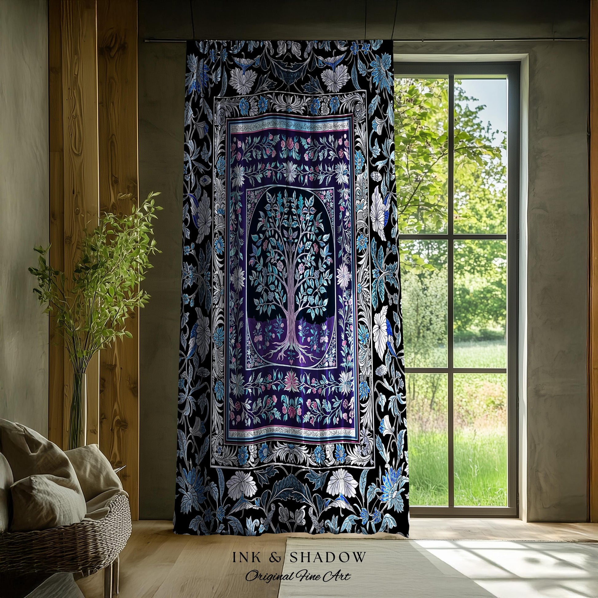 Icy Blue Pastel Gothic Tree Drapes | Dark Academia Home Accent Romantic Botanical Vintage Floral Maximalist Cottagecore Decor Goth Curtains