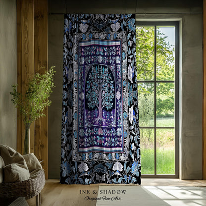 Icy Blue Pastel Gothic Tree Drapes | Dark Academia Home Accent Romantic Botanical Vintage Floral Maximalist Cottagecore Decor Goth Curtains