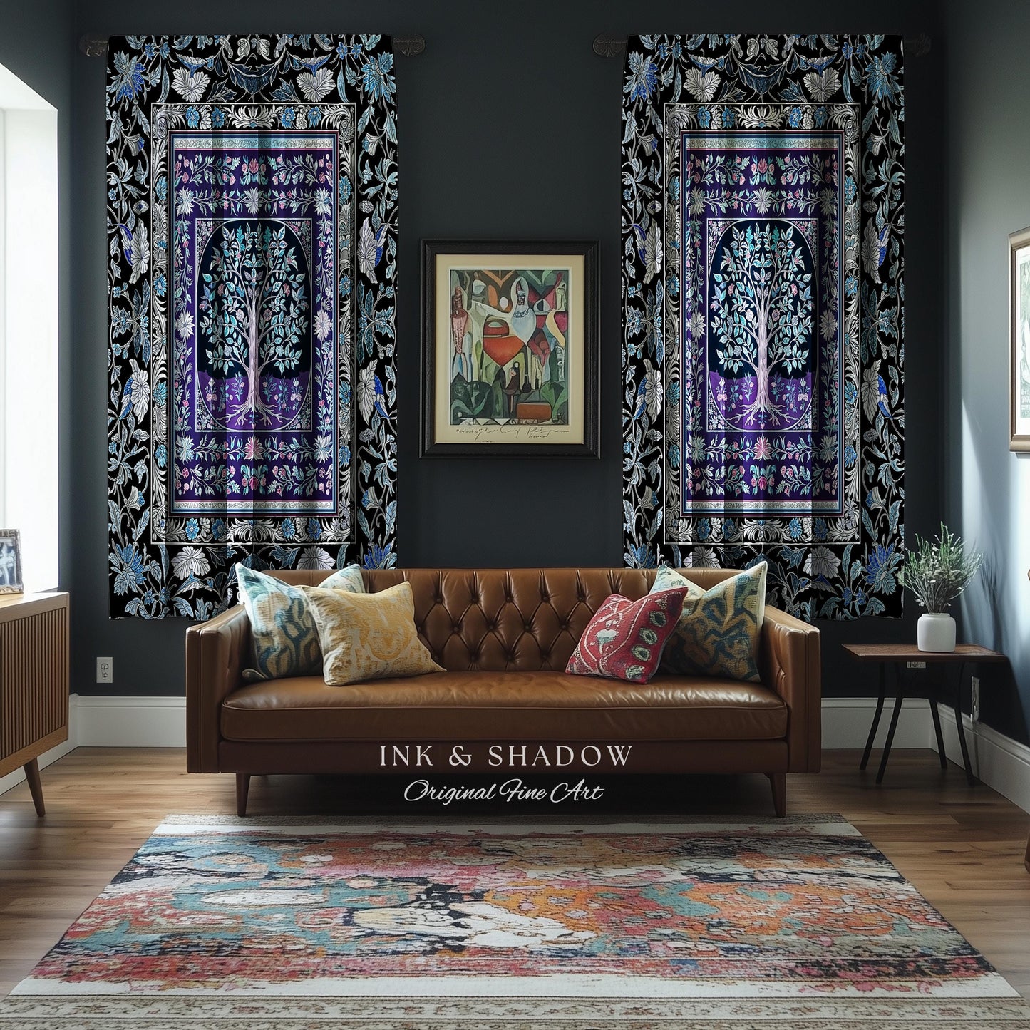 Icy Blue Pastel Gothic Tree Drapes | Dark Academia Home Accent Romantic Botanical Vintage Floral Maximalist Cottagecore Decor Goth Curtains