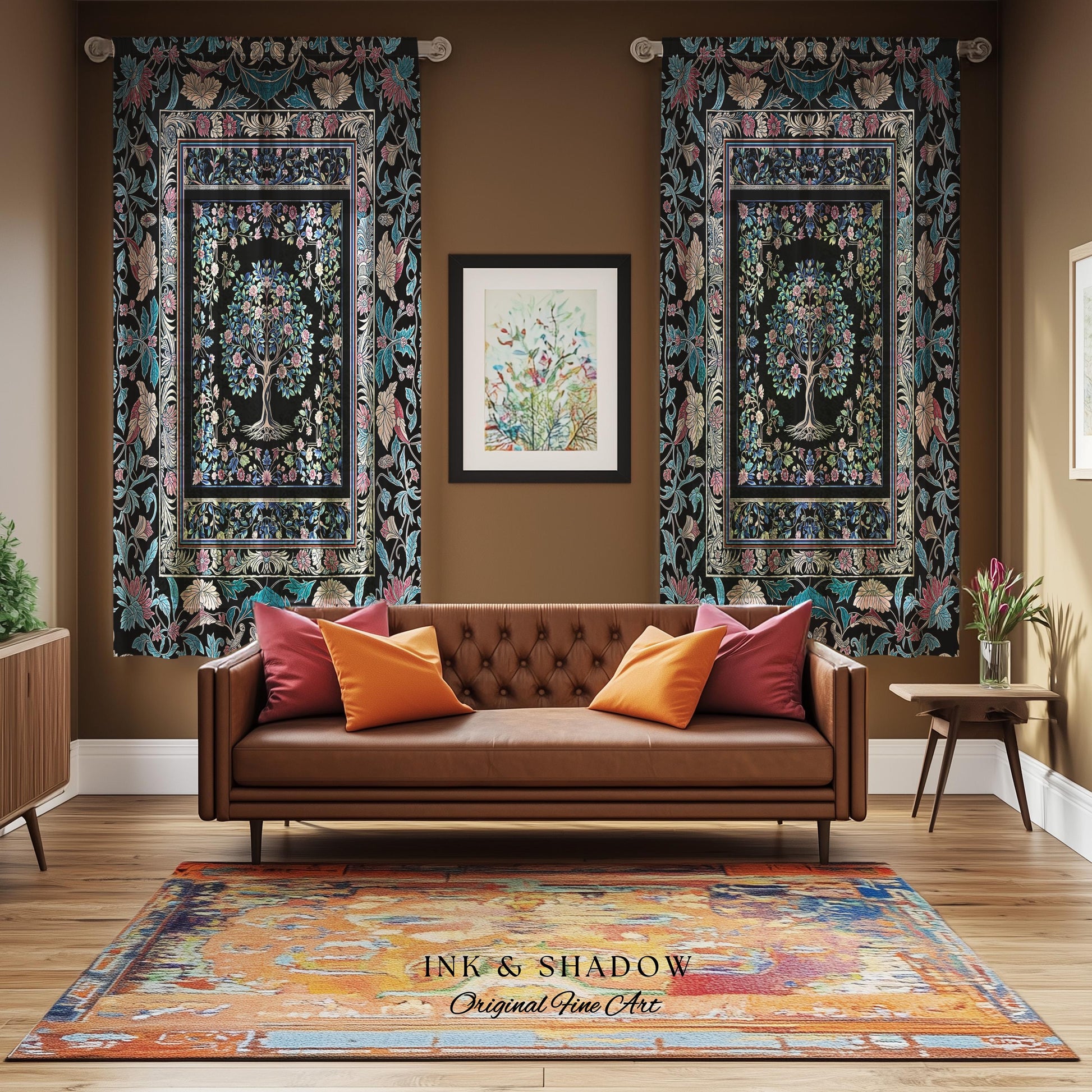 Timeless Folklore Tree Accent Curtains | Gothic Floral Medieval Ornate Nature Motif Romantic Garden Aesthetic Drapes Decor Maximalist Home
