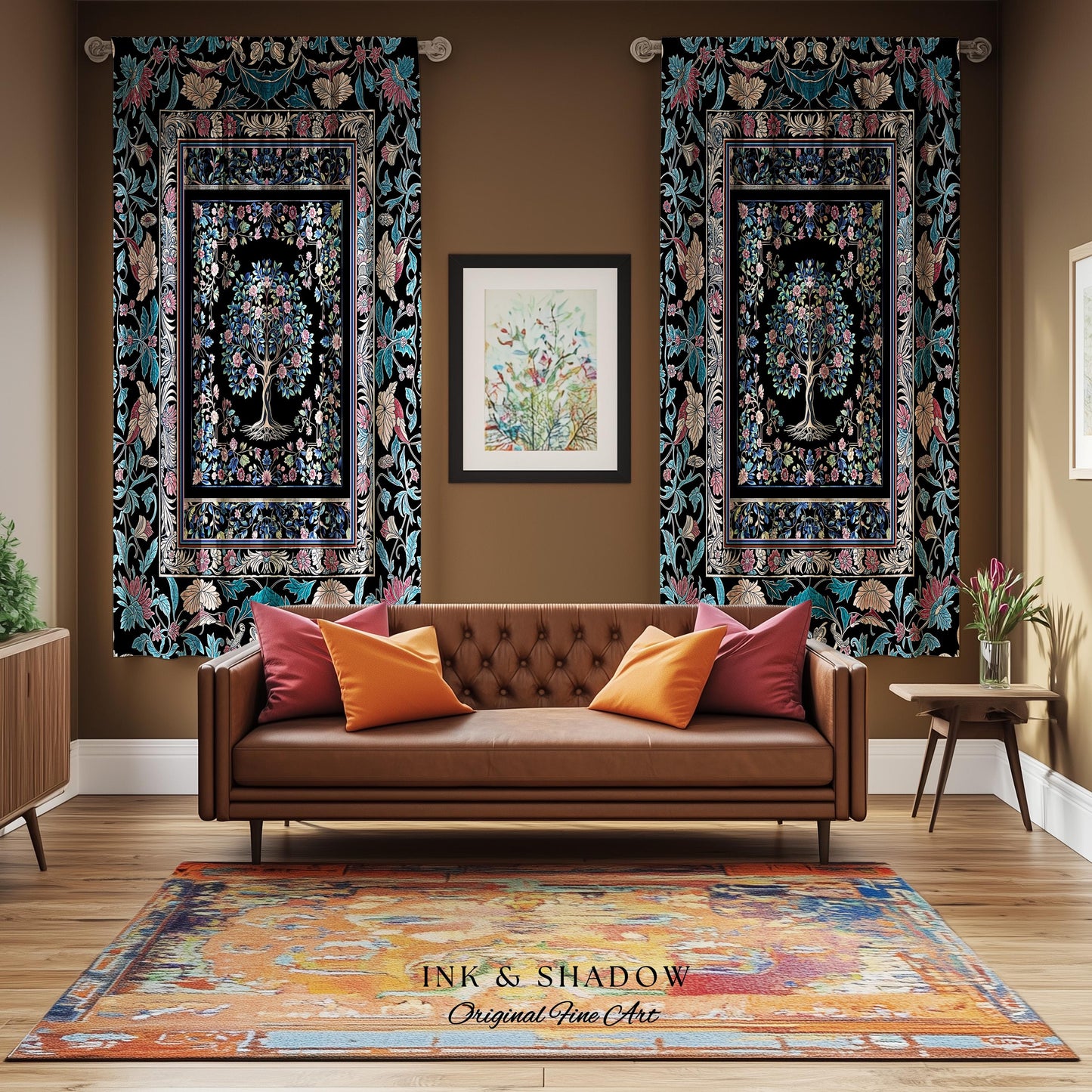 Timeless Folklore Tree Accent Curtains | Gothic Floral Medieval Ornate Nature Motif Romantic Garden Aesthetic Drapes Decor Maximalist Home