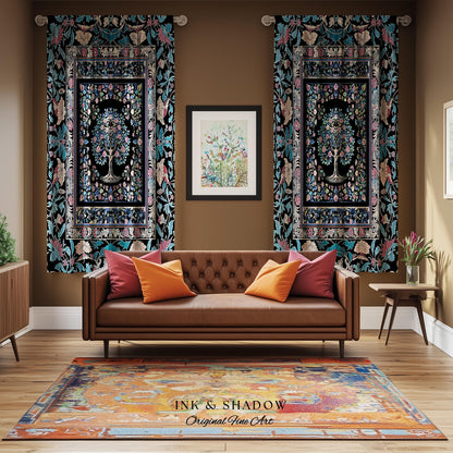 Timeless Folklore Tree Accent Curtains | Gothic Floral Medieval Ornate Nature Motif Romantic Garden Aesthetic Drapes Decor Maximalist Home