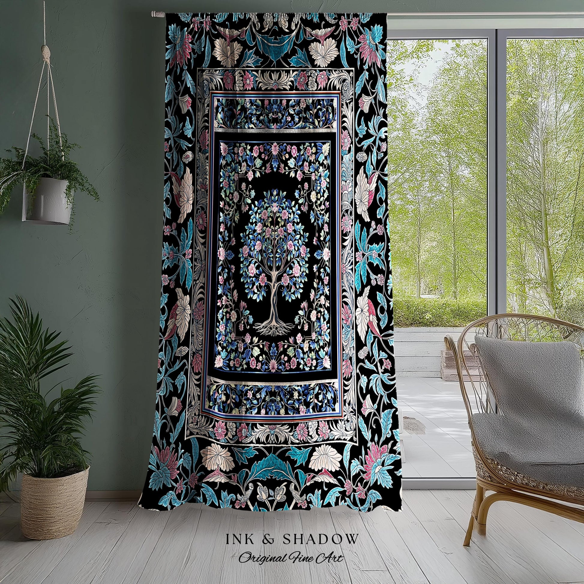 Timeless Folklore Tree Accent Curtains | Gothic Floral Medieval Ornate Nature Motif Romantic Garden Aesthetic Drapes Decor Maximalist Home