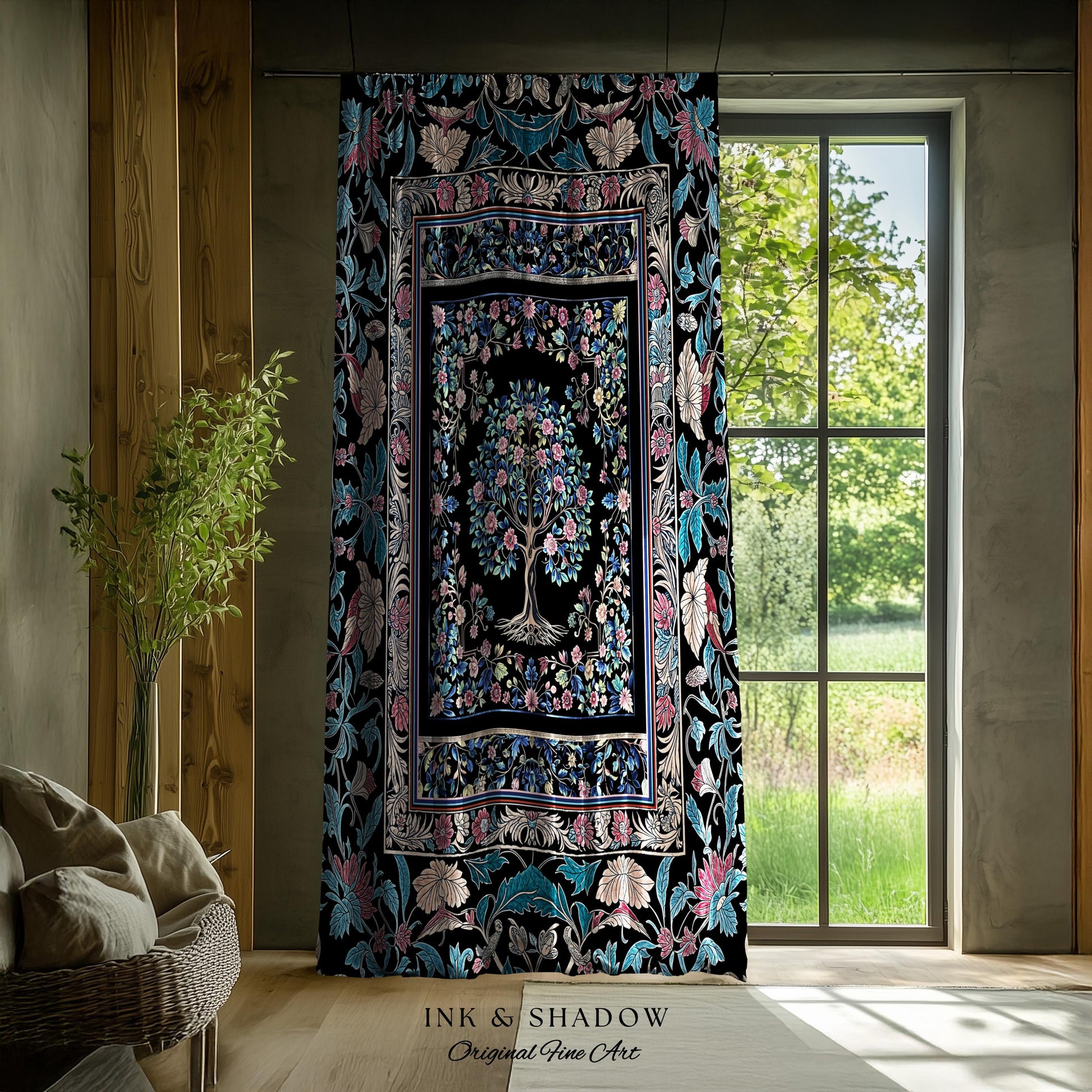 Timeless Folklore Tree Accent Curtains | Gothic Floral Medieval Ornate Nature Motif Romantic Garden Aesthetic Drapes Decor Maximalist Home