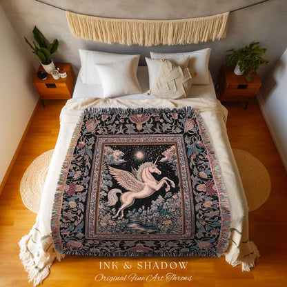 Fairytale Unicorn Fantasy Forest Tapestry | Maximalist Royalcore Decor Pink Castle Theme Gothic Bedroom Pegasus Baroque Throw Blanket Woven