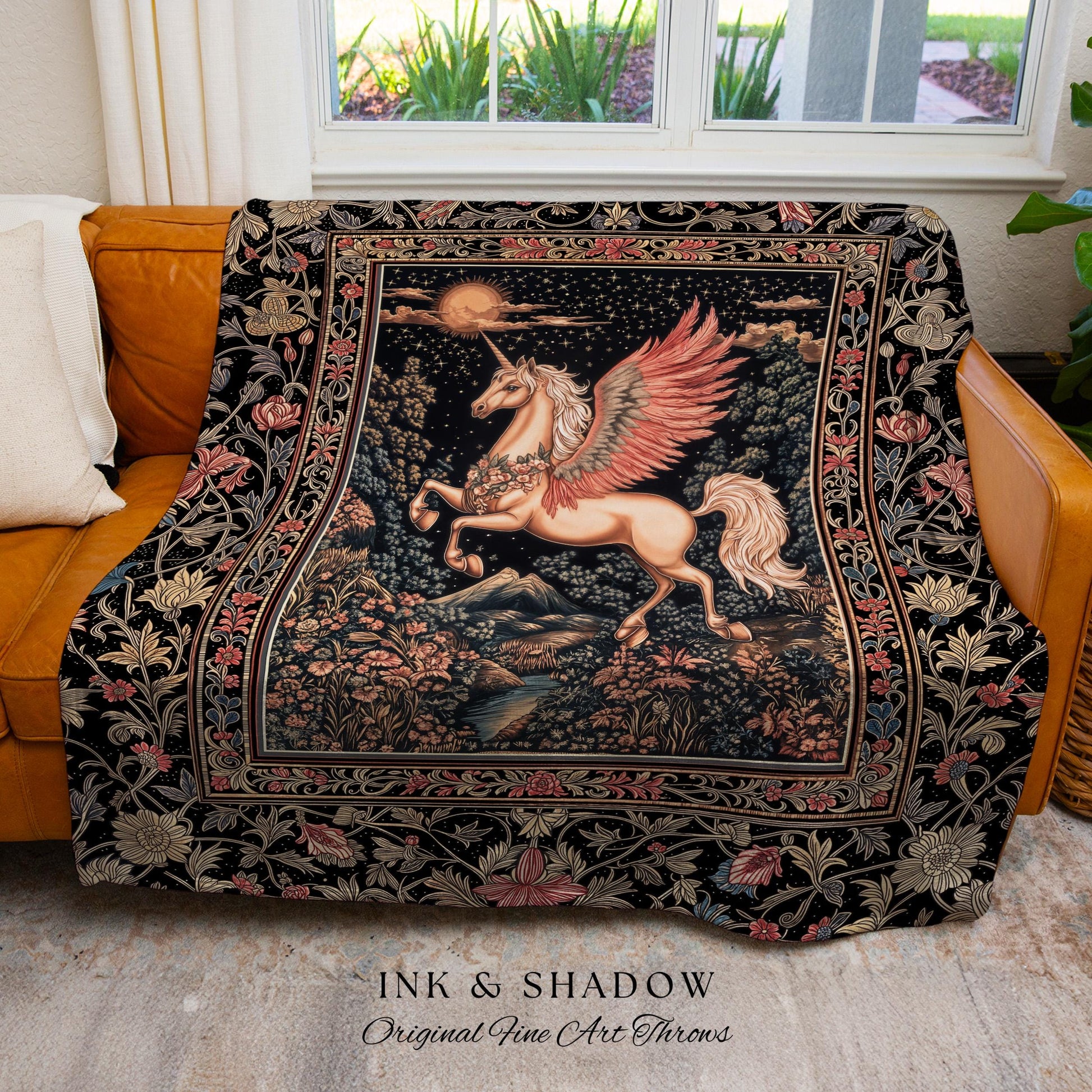 Mystical Pegasus Castlecore Throw Blanket | Coral Wing Unicorn Decor Fantasy Regal Fairytale Cottagecore Baroque Romantic Gothic Tapestry |