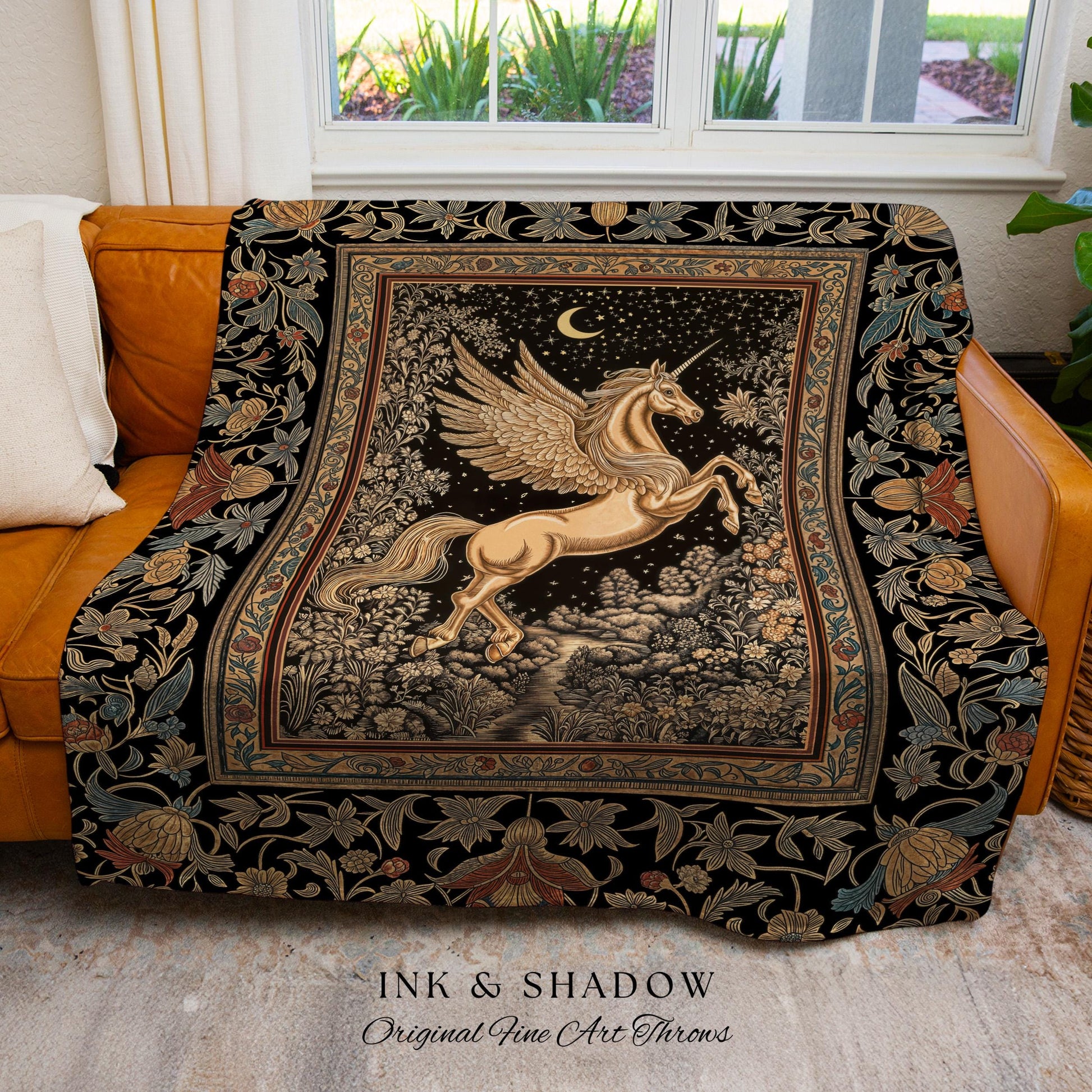 Golden Moon Regal Unicorn Tapestry | Forest Gothic Fairytale Woven Throw Blanket Pegasus Baroque Style Fantasy Decor Dreamy Cottagecore Boho