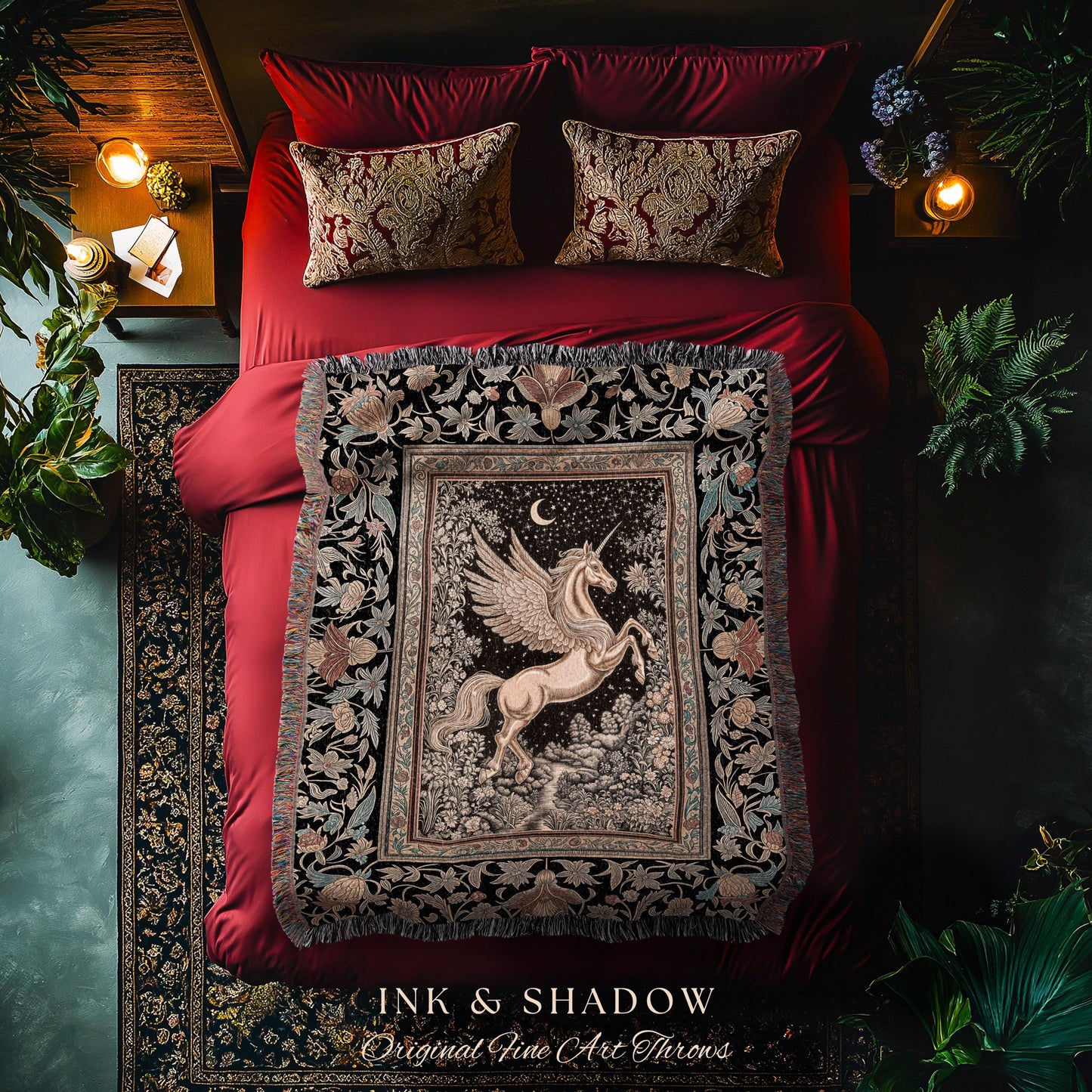 Golden Moon Regal Unicorn Tapestry | Forest Gothic Fairytale Woven Throw Blanket Pegasus Baroque Style Fantasy Decor Dreamy Cottagecore Boho