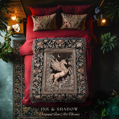 Golden Moon Regal Unicorn Tapestry | Forest Gothic Fairytale Woven Throw Blanket Pegasus Baroque Style Fantasy Decor Dreamy Cottagecore Boho