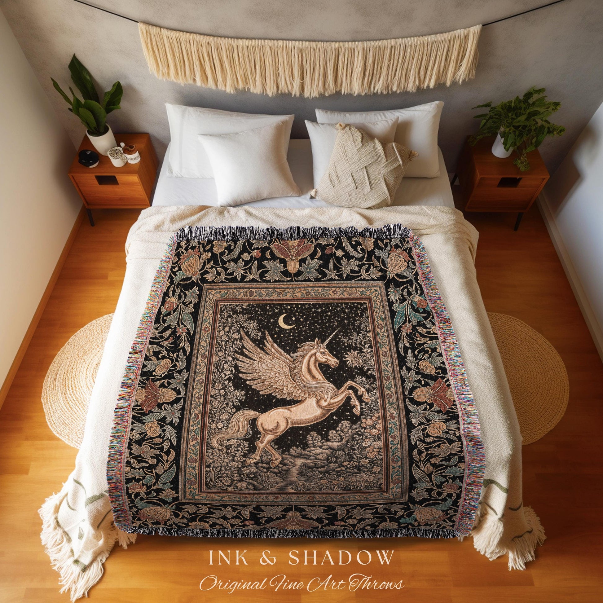 Golden Moon Regal Unicorn Tapestry | Forest Gothic Fairytale Woven Throw Blanket Pegasus Baroque Style Fantasy Decor Dreamy Cottagecore Boho