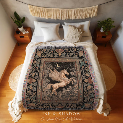 Golden Moon Regal Unicorn Tapestry | Forest Gothic Fairytale Woven Throw Blanket Pegasus Baroque Style Fantasy Decor Dreamy Cottagecore Boho