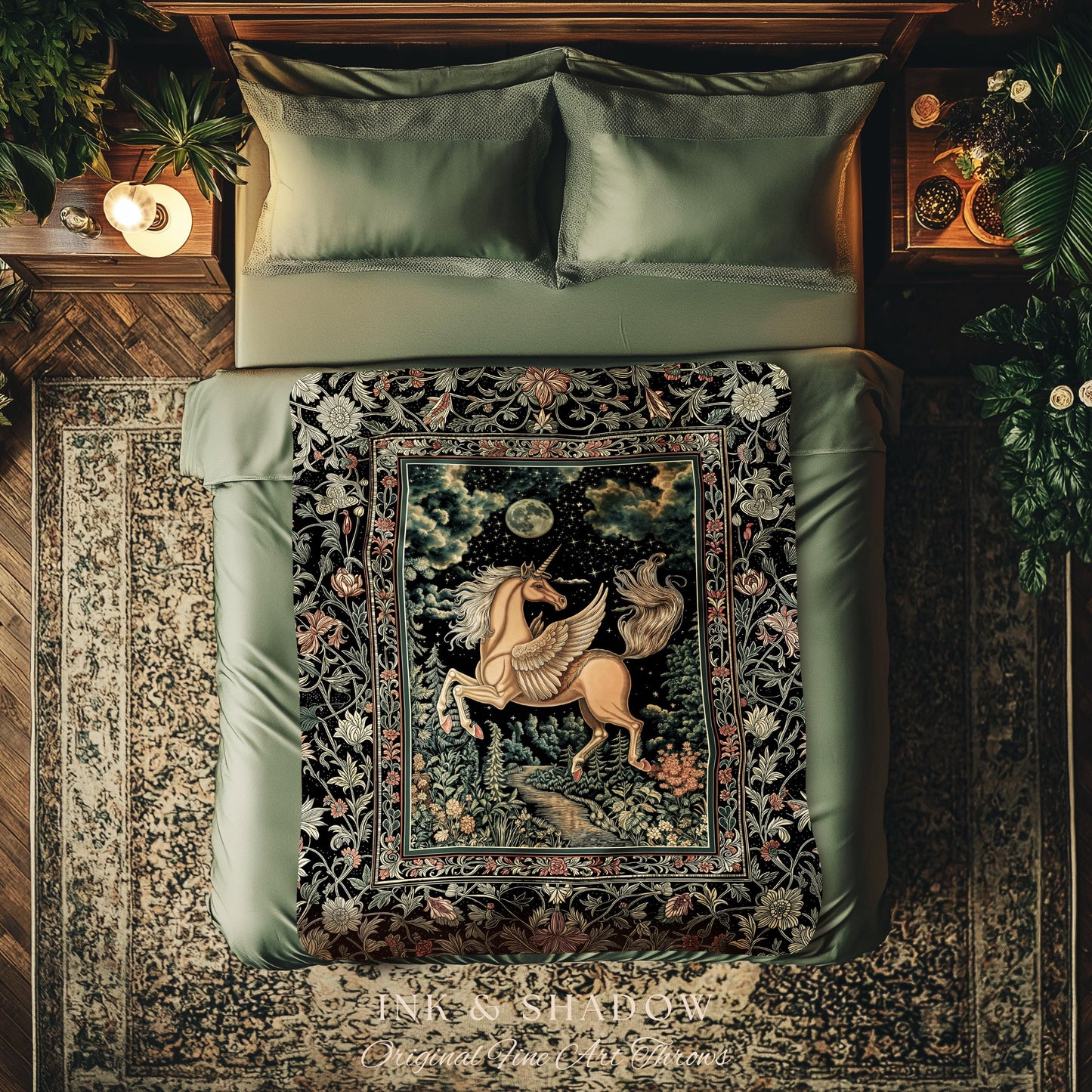 Celestial Pegasus Unicorn Forest Tapestry | Baroque Decor Romantic Maximalist Fairytale Cottagecore Style Whimsical Castlecore Throw Blanket