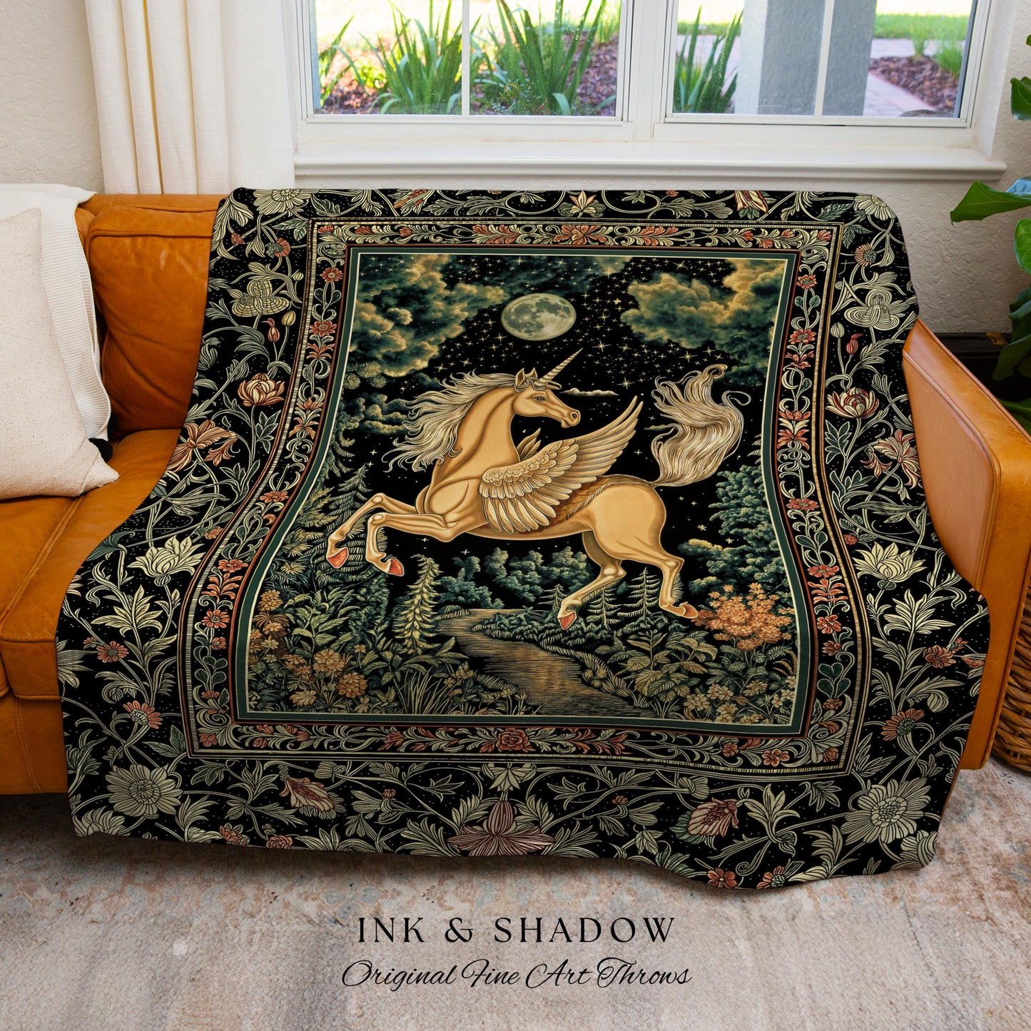 Celestial Pegasus Unicorn Forest Tapestry | Baroque Decor Romantic Maximalist Fairytale Cottagecore Style Whimsical Castlecore Throw Blanket