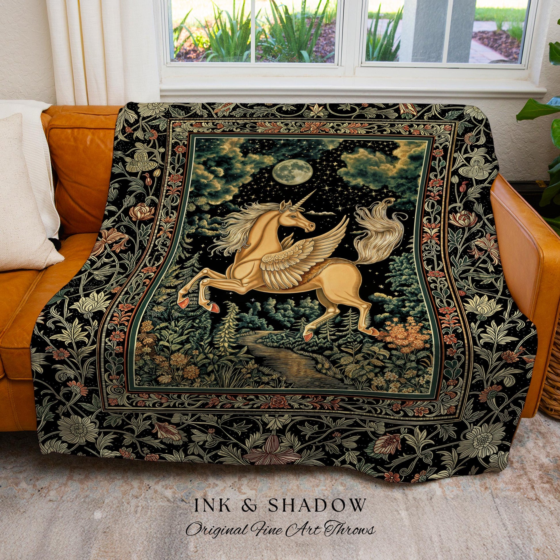 Celestial Pegasus Unicorn Forest Tapestry | Baroque Decor Romantic Maximalist Fairytale Cottagecore Style Whimsical Castlecore Throw Blanket