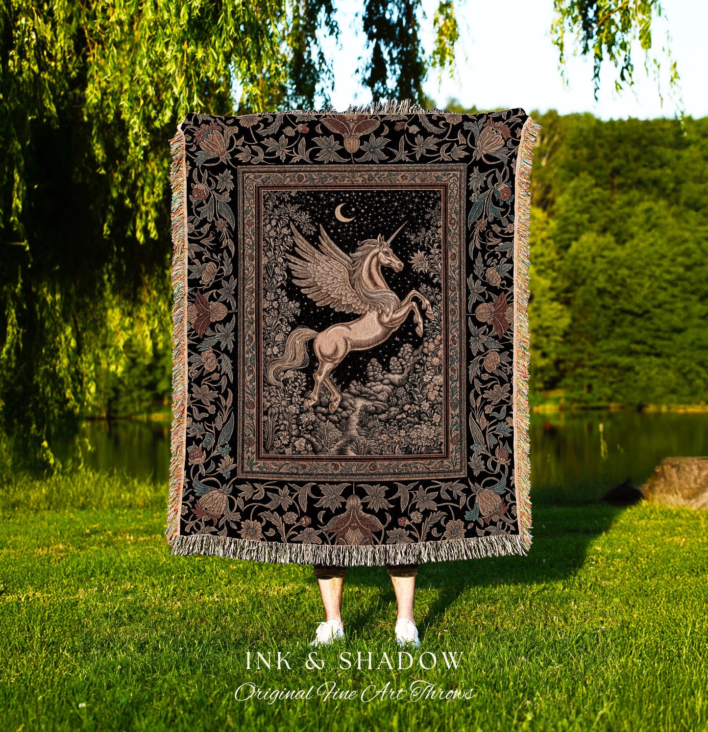 Golden Moon Regal Unicorn Tapestry | Forest Gothic Fairytale Woven Throw Blanket Pegasus Baroque Style Fantasy Decor Dreamy Cottagecore Boho