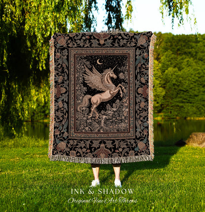 Golden Moon Regal Unicorn Tapestry | Forest Gothic Fairytale Woven Throw Blanket Pegasus Baroque Style Fantasy Decor Dreamy Cottagecore Boho