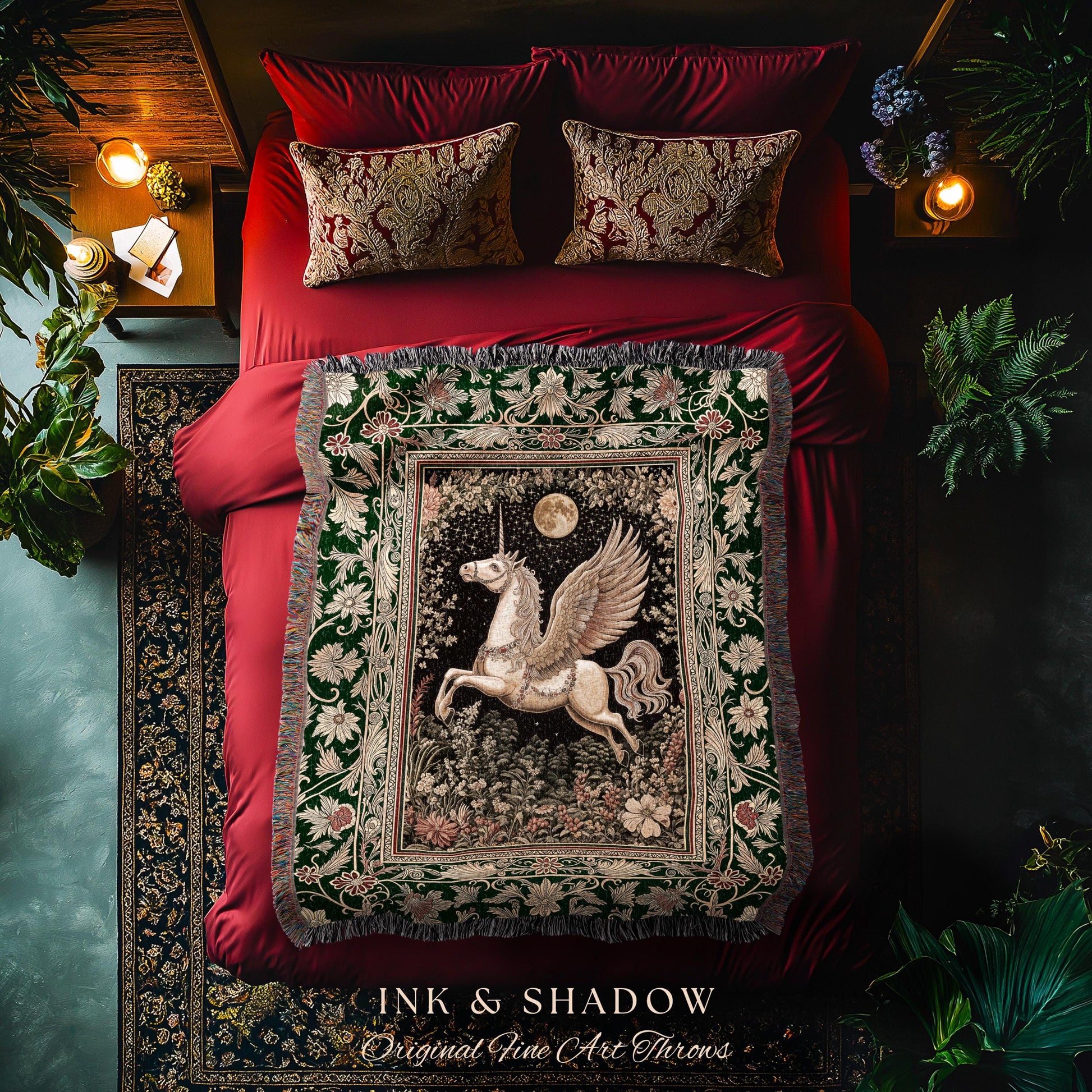 Baroque Flying Unicorn Throw Blanket | Enchanted Forest Pegasus Fairytale Decor Castle Aesthetic Maximalist Regal Tapestry Fantasy Gothic |