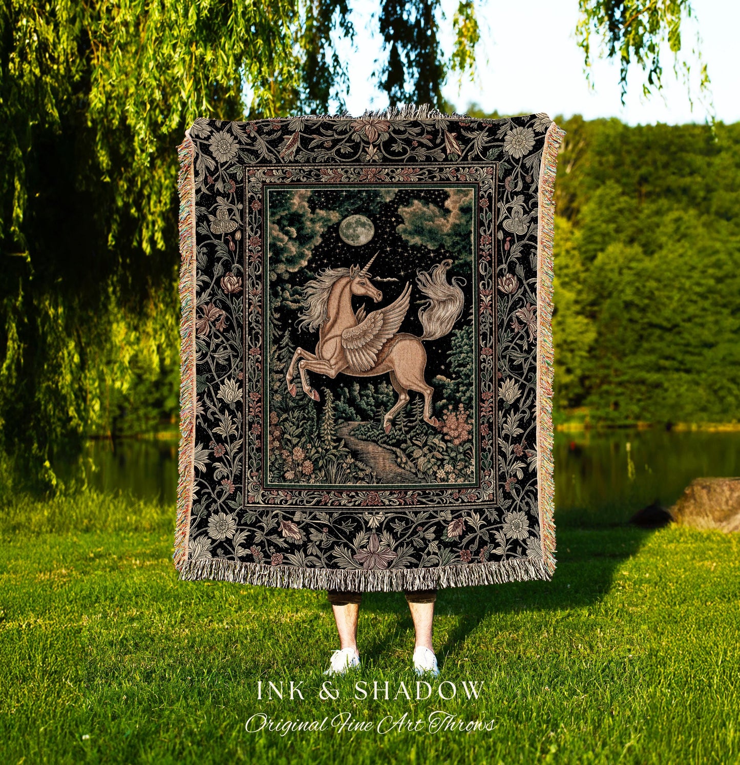 Celestial Pegasus Unicorn Forest Tapestry | Baroque Decor Romantic Maximalist Fairytale Cottagecore Style Whimsical Castlecore Throw Blanket