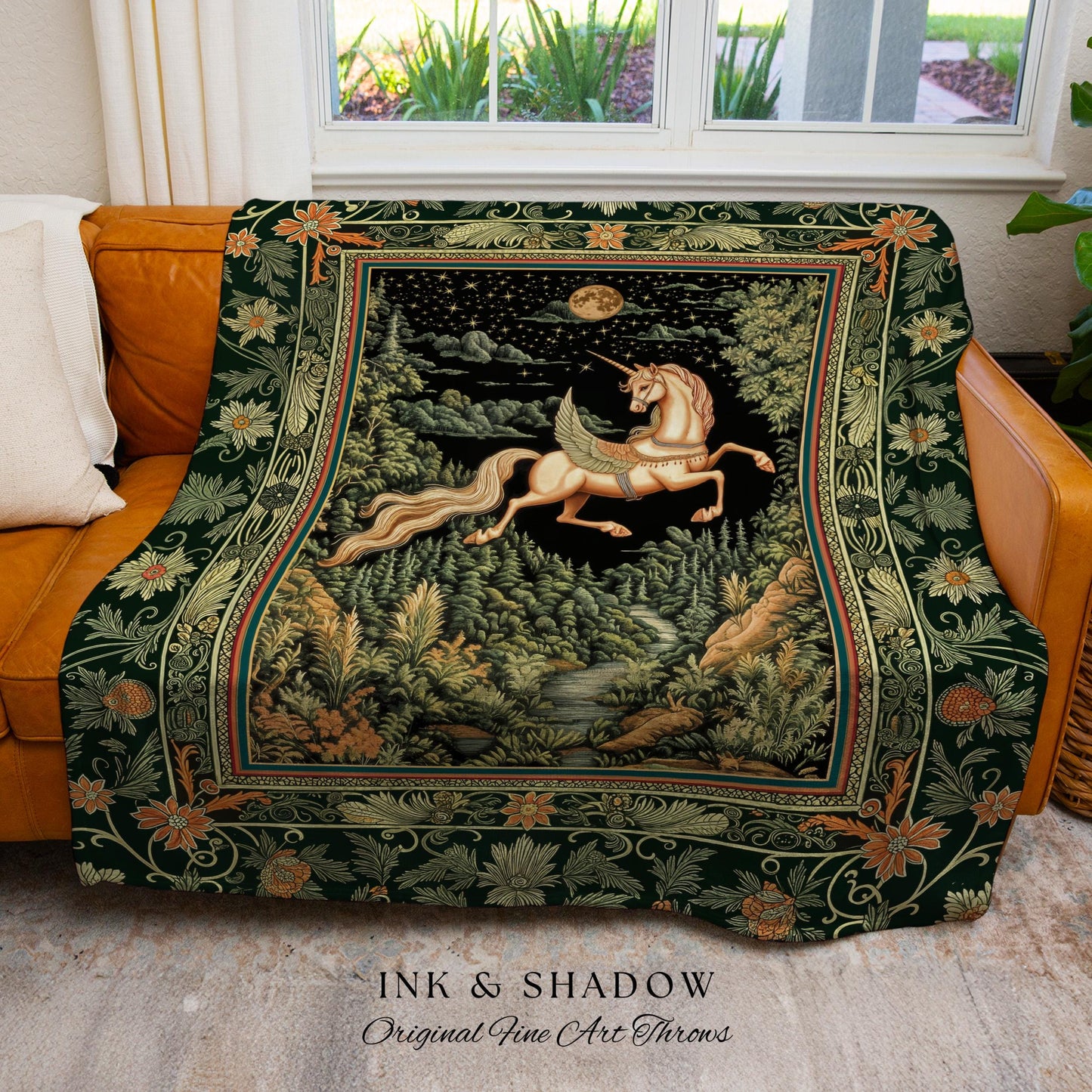 Renaissance Fantasy Pegasus Unicorn Tapestry | Regal Fairytale Decor Romantic Baroque Maximalist Castlecore Mystical Throw Blanket Woven |