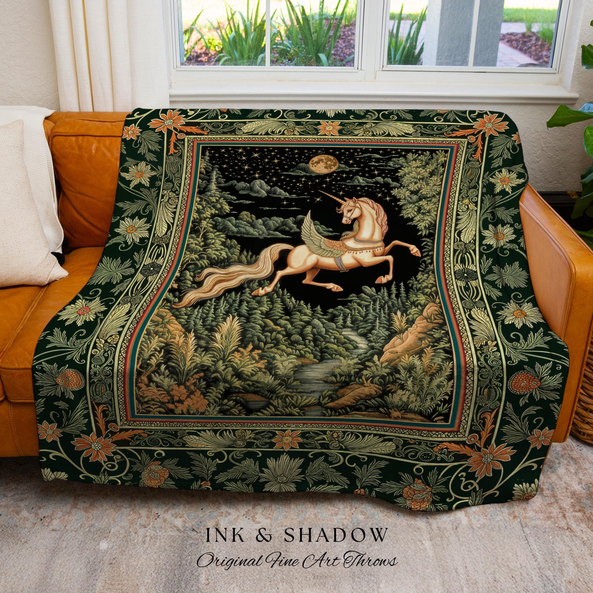 Renaissance Fantasy Pegasus Unicorn Tapestry | Regal Fairytale Decor Romantic Baroque Maximalist Castlecore Mystical Throw Blanket Woven |